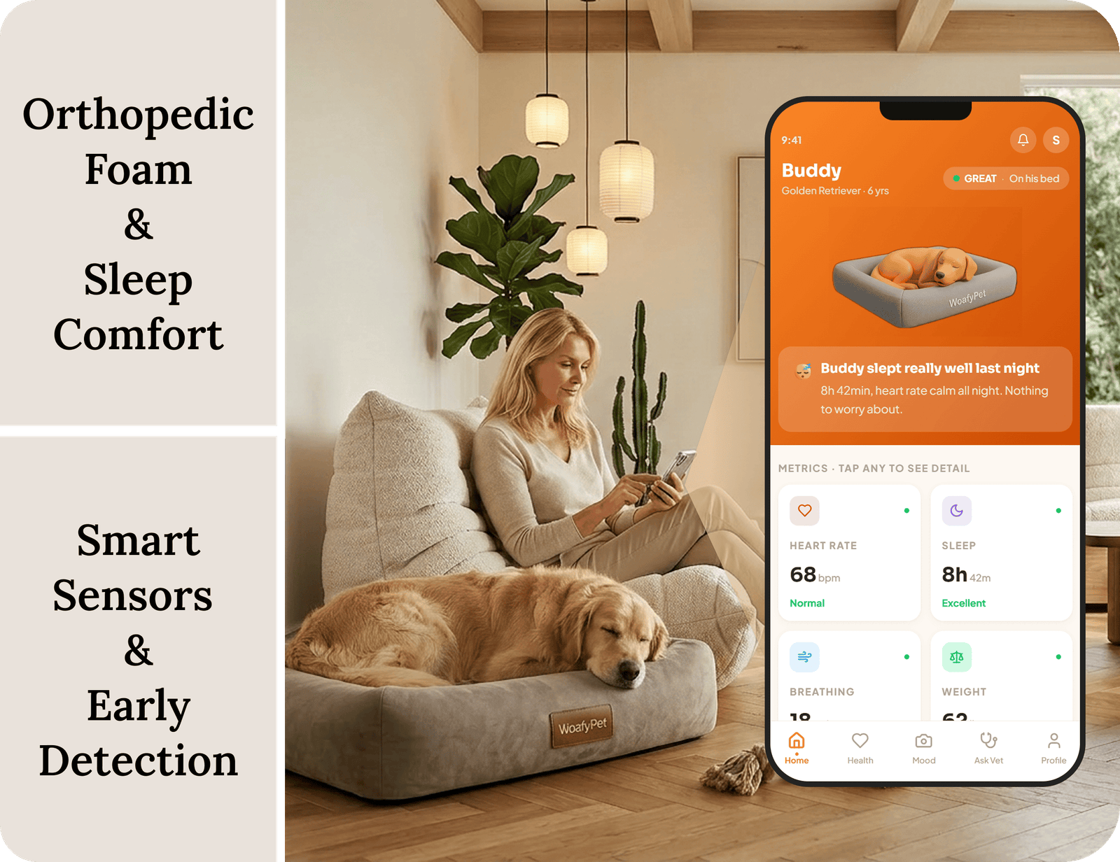 WoafyPet Bed with app health monitoring dashboard