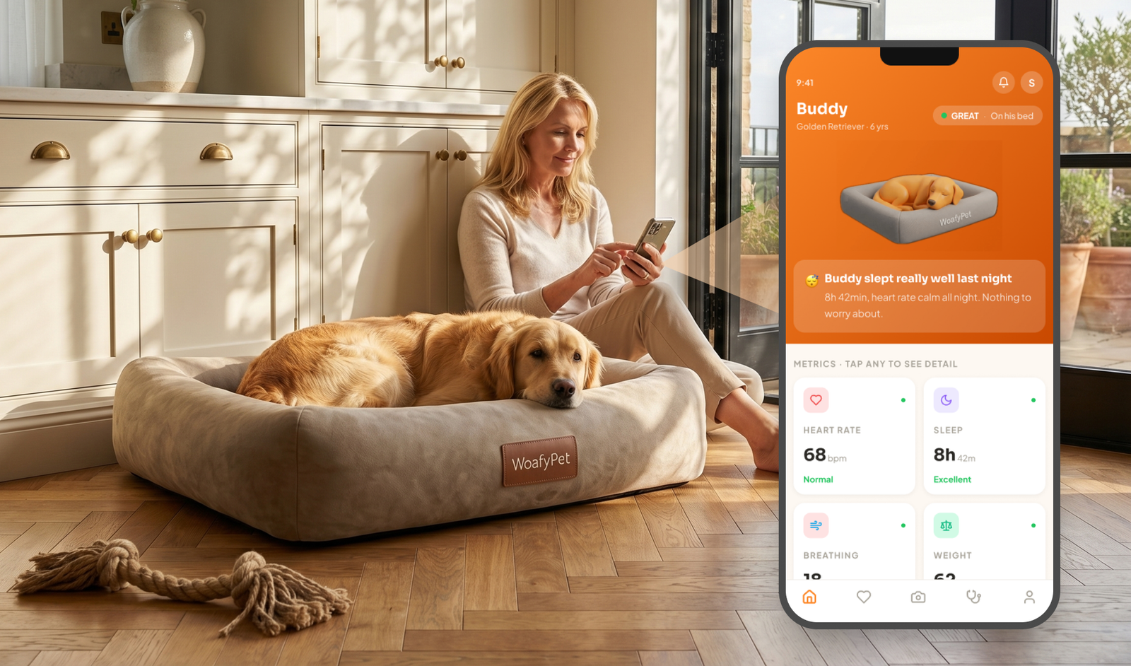 WoafyPet Bed with app — heart rate, sleep, breathing and weight monitored automatically