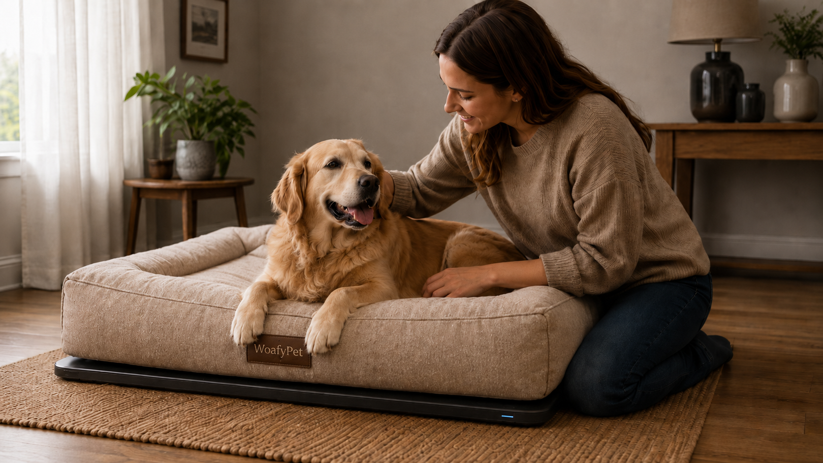 Dog resting with owner beside the bed