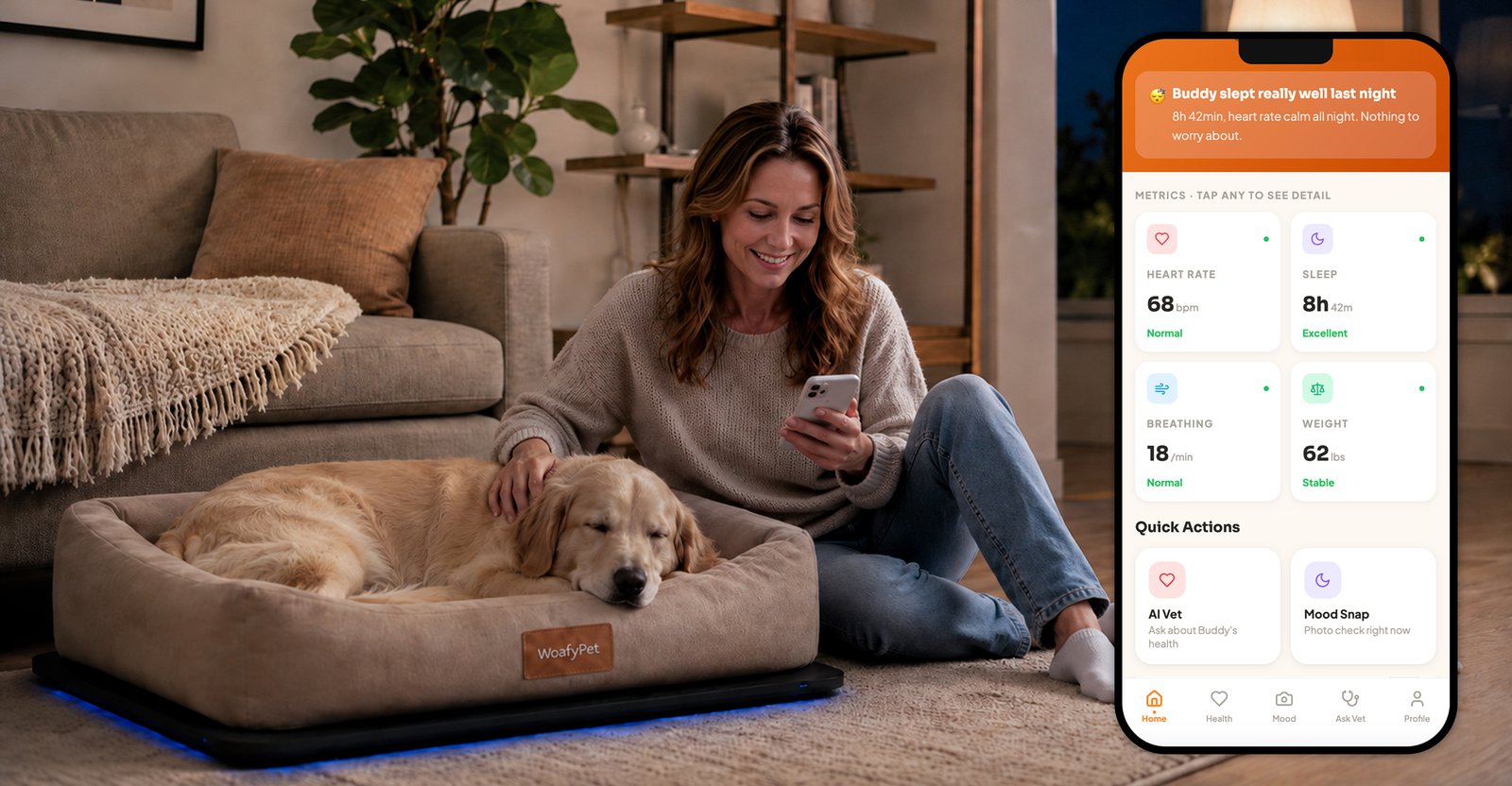 WoafyPet Bed quietly tracking sleep, weight, movement, and resting heart rate overnight
